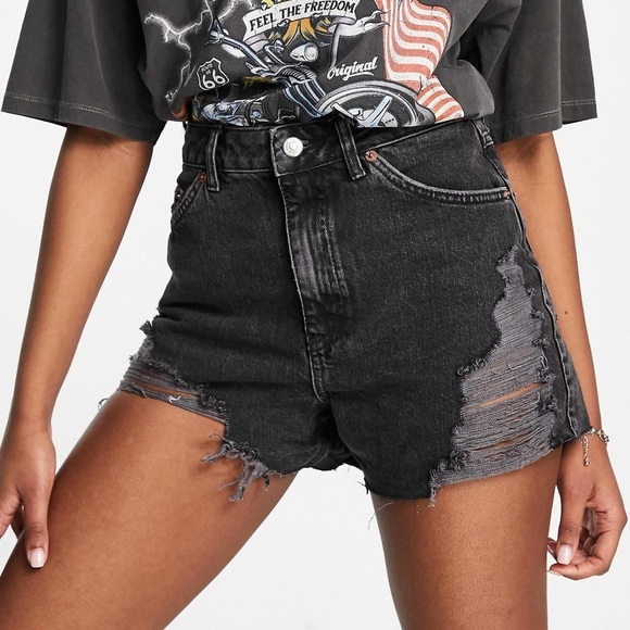 Topshop A line High waisted Mom black denim shorts NWT distressed destructed - Picture 1 of 9